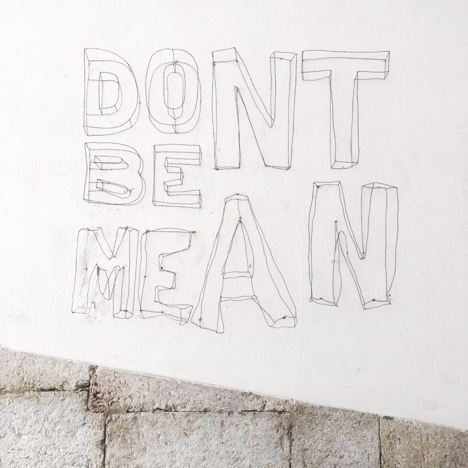 handlettered tekst: Don't be mean; foto door Ashley Whitlatch via Unsplash